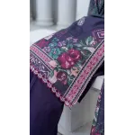 Premium Navy & Teal Indigo Unstitched Lawn 3 Pc Suit - Luxury Cut Dana Embroidered Neckline Dress with Floral Print Cotton Voile Dupatta