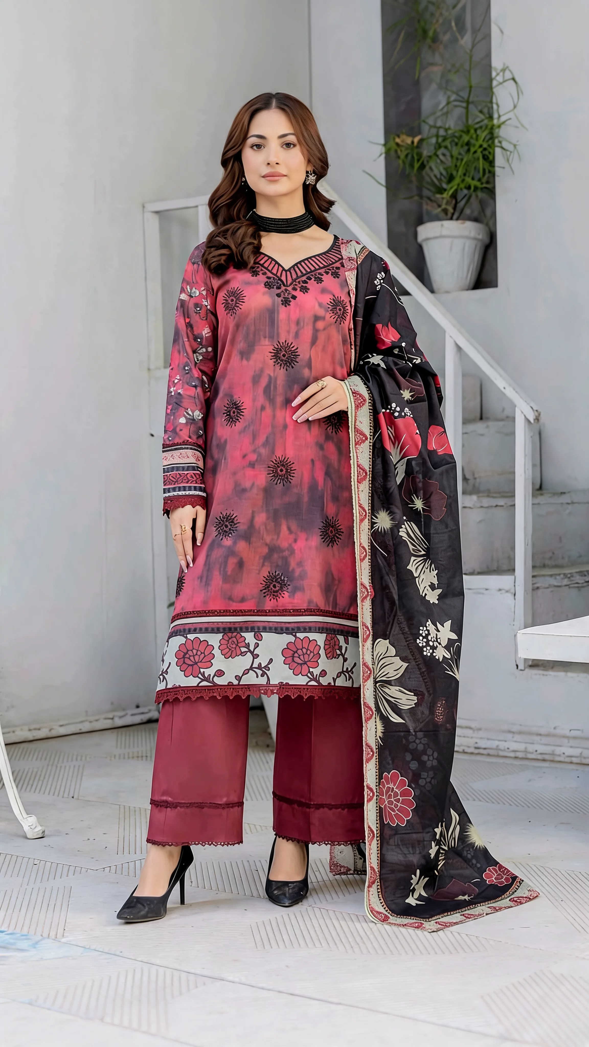 Premium Rose Pink Tie Dye Unstitched Lawn 3 Pc Suit - Luxury Cut Dana Embroidered Neckline Dress with Floral Printed Charcoal Black Dupatta