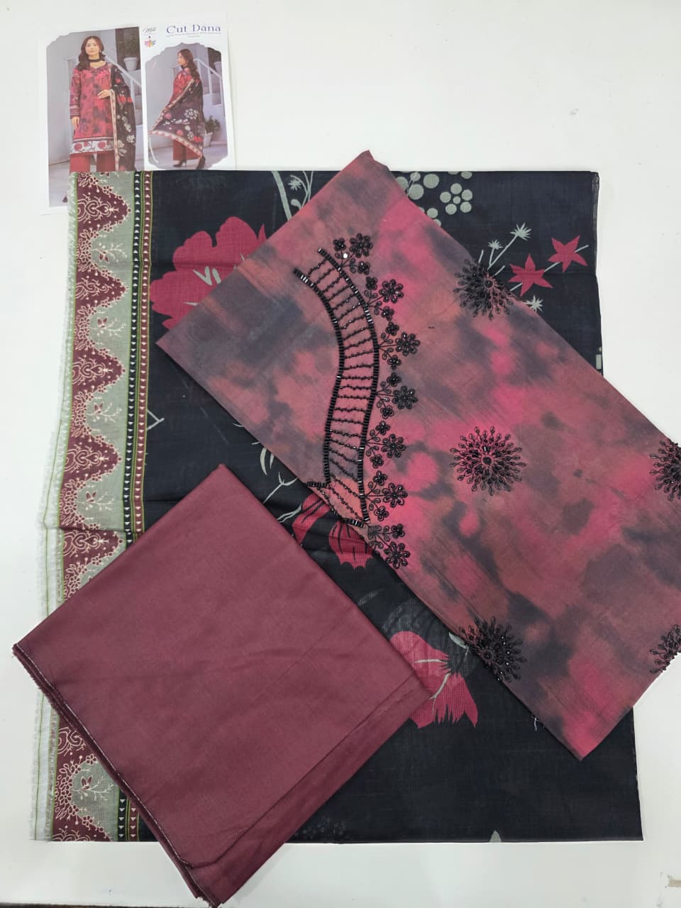 Premium Rose Pink Tie Dye Unstitched Lawn 3 Pc Suit - Luxury Cut Dana Embroidered Neckline Dress with Floral Printed Charcoal Black Dupatta