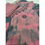 Premium Rose Pink Tie Dye Unstitched Lawn 3 Pc Suit - Luxury Cut Dana Embroidered Neckline Dress with Floral Printed Charcoal Black Dupatta