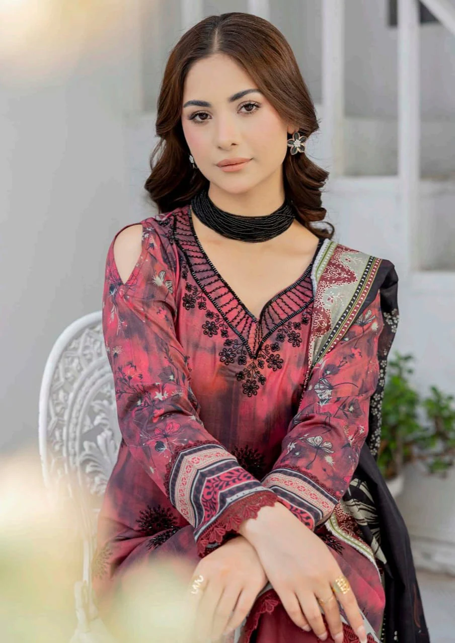Premium Rose Pink Tie Dye Unstitched Lawn 3 Pc Suit - Luxury Cut Dana Embroidered Neckline Dress with Floral Printed Charcoal Black Dupatta
