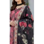 Premium Rose Pink Tie Dye Unstitched Lawn 3 Pc Suit - Luxury Cut Dana Embroidered Neckline Dress with Floral Printed Charcoal Black Dupatta
