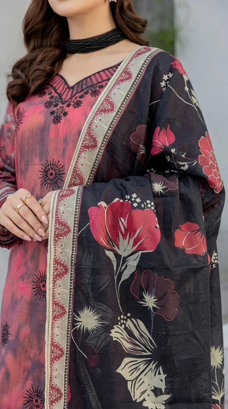 Premium Rose Pink Tie Dye Unstitched Lawn 3 Pc Suit - Luxury Cut Dana Embroidered Neckline Dress with Floral Printed Charcoal Black Dupatta