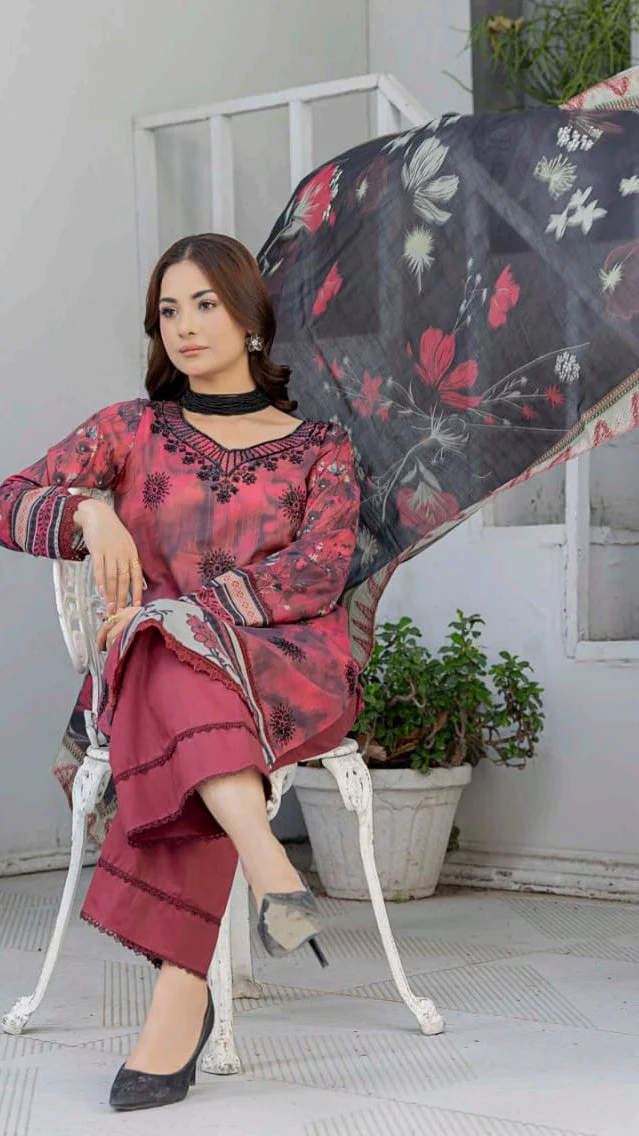 Premium Rose Pink Tie Dye Unstitched Lawn 3 Pc Suit - Luxury Cut Dana Embroidered Neckline Dress with Floral Printed Charcoal Black Dupatta