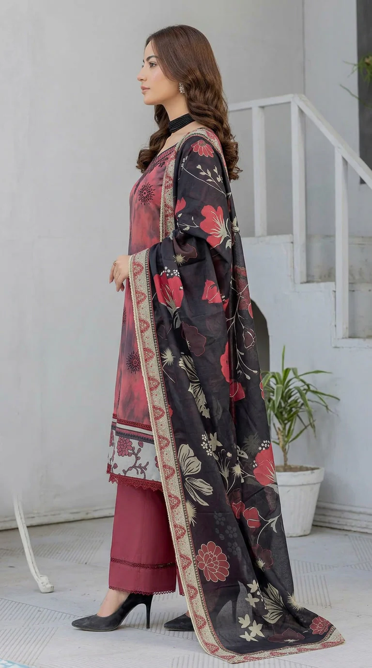 Premium Rose Pink Tie Dye Unstitched Lawn 3 Pc Suit - Luxury Cut Dana Embroidered Neckline Dress with Floral Printed Charcoal Black Dupatta