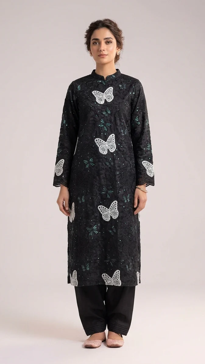 Elegant Black Embroidered Kurta with Butterfly Motif - Premium Cotton 2-Piece Ethnic Wear Suit for Women - Pakistani Designer Outfit