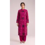 Premium Magenta Embroidered Lawn 2 Pcs Suit with Black Butterfly Patch - Women Luxury Traditional Summer Collection Outfit - Pakistani Dress