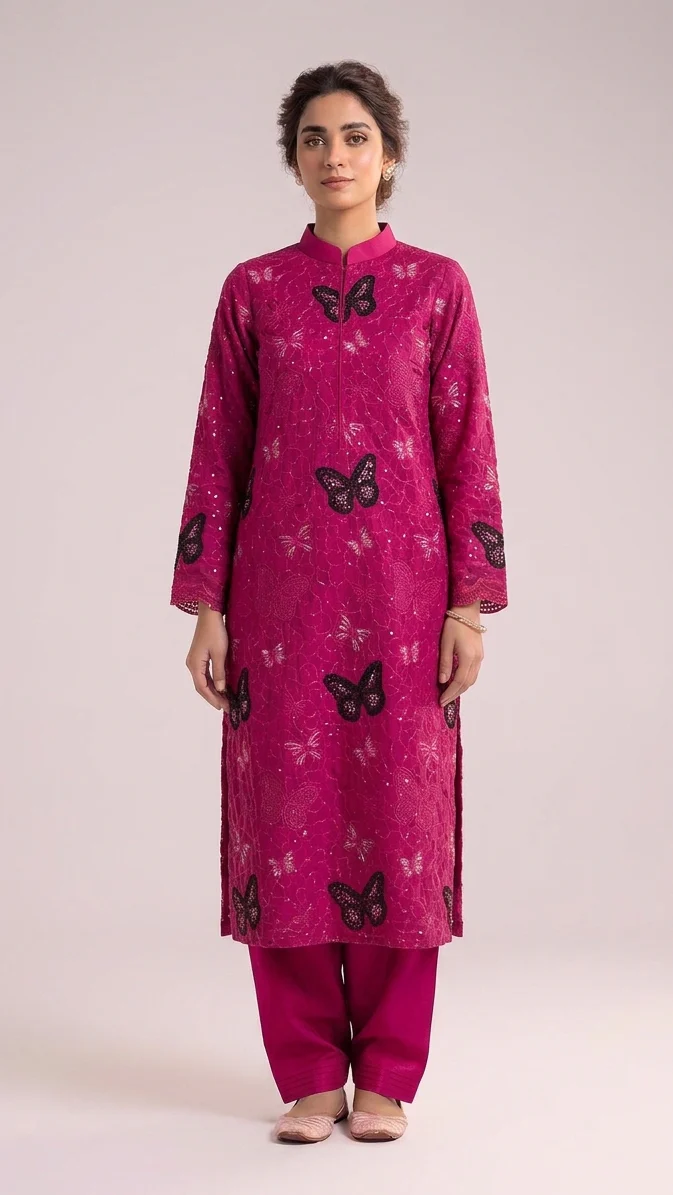 Premium Magenta Embroidered Lawn 2 Pcs Suit with Black Butterfly Patch - Women Luxury Traditional Summer Collection Outfit - Pakistani Dress