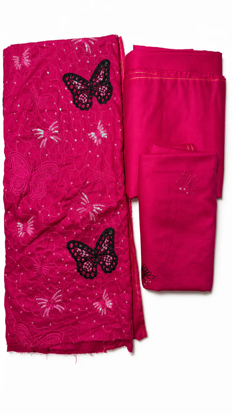 Premium Magenta Embroidered Lawn 2 Pcs Suit with Black Butterfly Patch - Women Luxury Traditional Summer Collection Outfit - Pakistani Dress