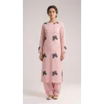 Charming Light Pink Embroidered Lawn 2 Pcs with Navy Butterfly Patch - Women Summer Soft Cotton Traditional Suit - Premium Pakistani Outfit