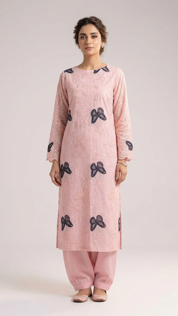 Charming Light Pink Embroidered Lawn 2 Pcs with Navy Butterfly Patch - Women Summer Soft Cotton Traditional Suit - Premium Pakistani Outfit