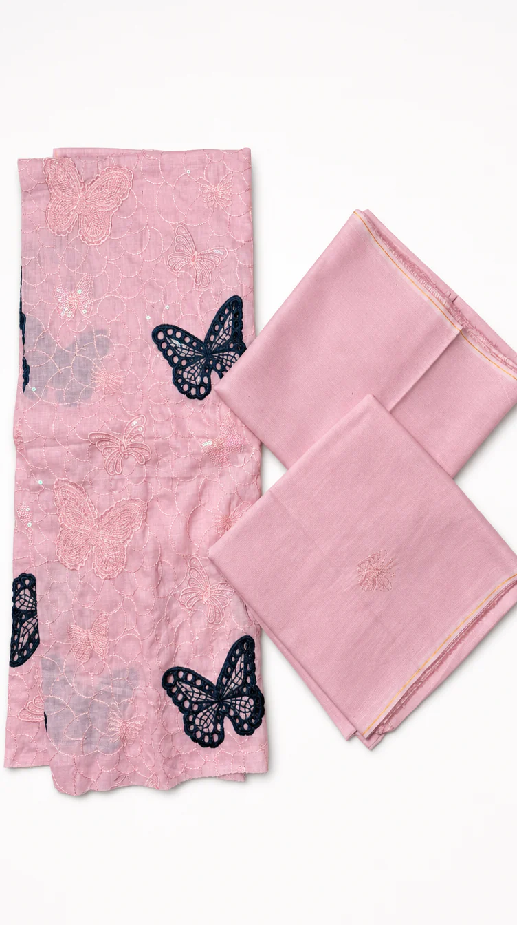 Charming Light Pink Embroidered Lawn 2 Pcs with Navy Butterfly Patch - Women Summer Soft Cotton Traditional Suit - Premium Pakistani Outfit