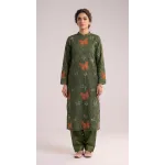 Premium Olive Green Embroidered Lawn 2 Pcs with Rust Butterfly Patch - Women Summer Soft Cotton Traditional Suit - Luxury Pakistani Outfit