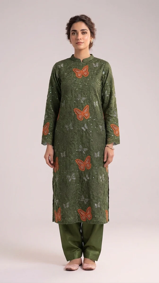 Premium Olive Green Embroidered Lawn 2 Pcs with Rust Butterfly Patch - Women Summer Soft Cotton Traditional Suit - Luxury Pakistani Outfit
