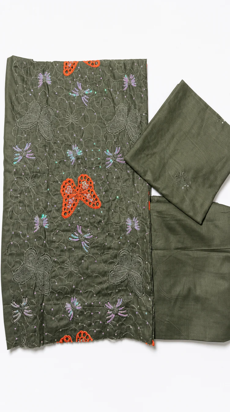 Premium Olive Green Embroidered Lawn 2 Pcs with Rust Butterfly Patch - Women Summer Soft Cotton Traditional Suit - Luxury Pakistani Outfit