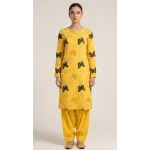 Vibrant Yellow Embroidered Lawn 2 Pcs Suit with Black Butterfly Patches - Women Luxury Traditional Summer Collection - Pakistani Outfit