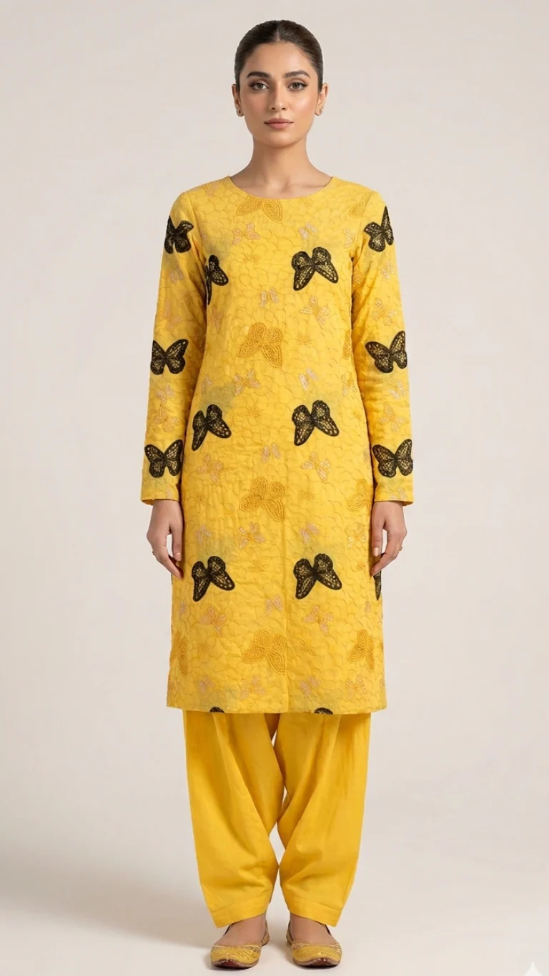 Vibrant Yellow Embroidered Lawn 2 Pcs Suit with Black Butterfly Patches - Women Luxury Traditional Summer Collection - Pakistani Outfit