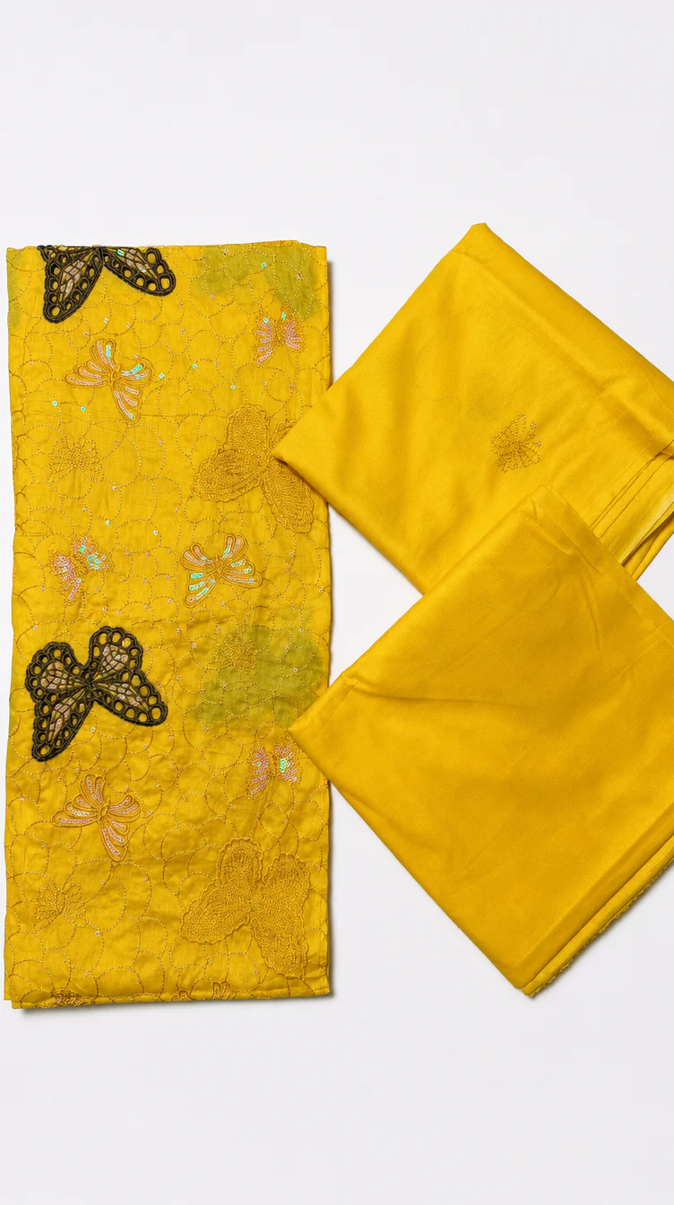 Vibrant Yellow Embroidered Lawn 2 Pcs Suit with Black Butterfly Patches - Women Luxury Traditional Summer Collection - Pakistani Outfit