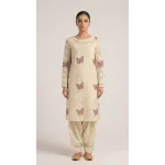 Elegant Cream Embroidered Lawn 2 Pcs Suit with Plum Butterfly Patches - Women Luxury Unstitched Summer Collection - Premium Pakistani Outfit
