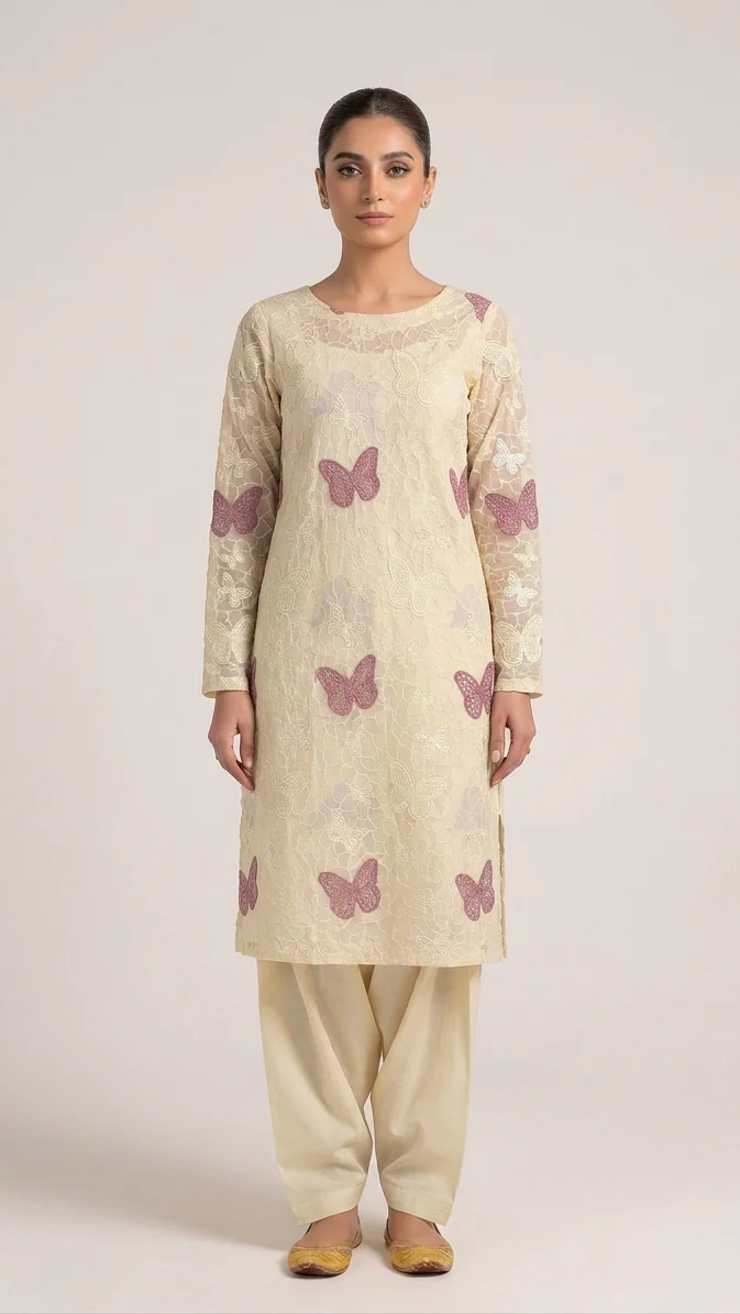 Elegant Cream Embroidered Lawn 2 Pcs Suit with Plum Butterfly Patches - Women Luxury Unstitched Summer Collection - Premium Pakistani Outfit