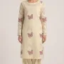 Elegant Cream Embroidered Lawn 2 Pcs Suit with Plum Butterfly Patches - Women Luxury Unstitched Summer Collection - Premium Pakistani Outfit