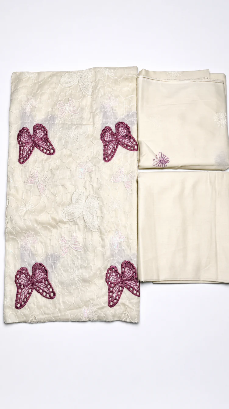 Elegant Cream Embroidered Lawn 2 Pcs Suit with Plum Butterfly Patches - Women Luxury Unstitched Summer Collection - Premium Pakistani Outfit