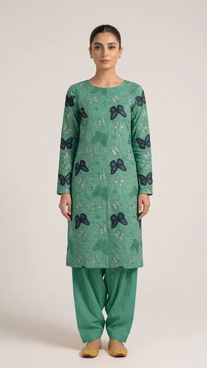 Elegant Green Embroidered Lawn 2 Pcs Suit with Navy Butterfly Patches - Women Luxury Unstitched Summer Collection - Premium Pakistani Outfit