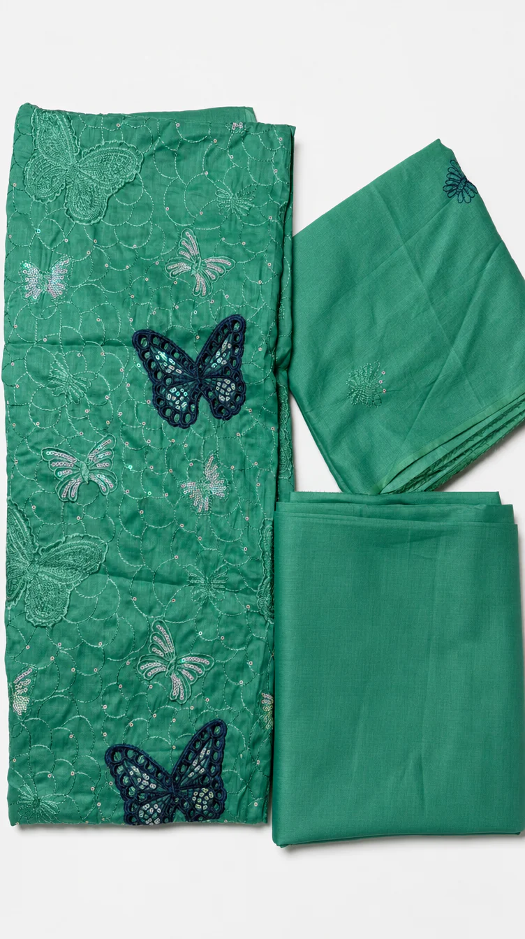 Elegant Green Embroidered Lawn 2 Pcs Suit with Navy Butterfly Patches - Women Luxury Unstitched Summer Collection - Premium Pakistani Outfit