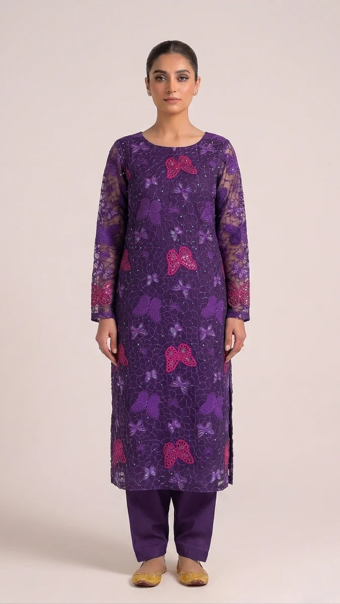 Elegant Purple Embroidered Lawn 2 Pcs Suit with Magenta Butterfly Patches - Women Luxury Unstitched Summer Collection - Premium Pakistani Outfit