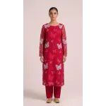 Glamorous Crimson Red Embroidered Lawn 2 Pcs Suit - Luxury Unstitched Summer Collection with White Cutwork Butterfly Patches for Women