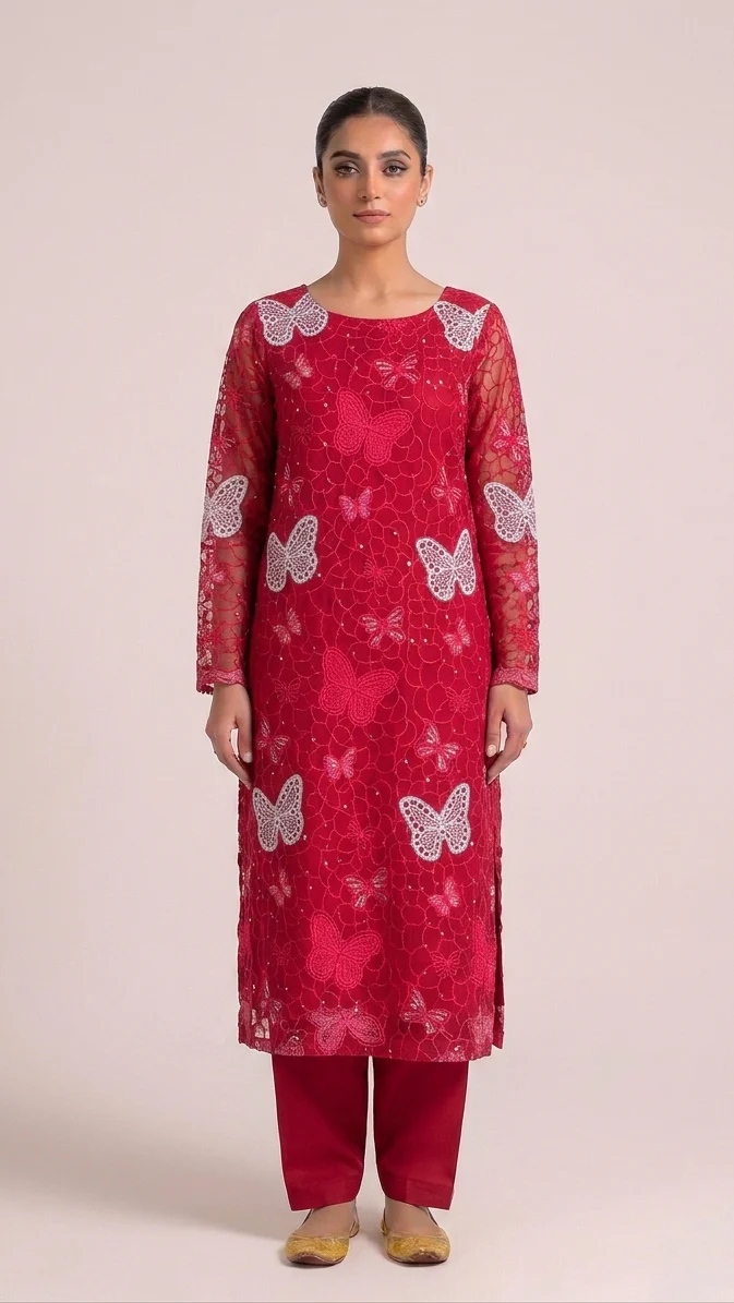 Glamorous Crimson Red Embroidered Lawn 2 Pcs Suit - Luxury Unstitched Summer Collection with White Cutwork Butterfly Patches for Women