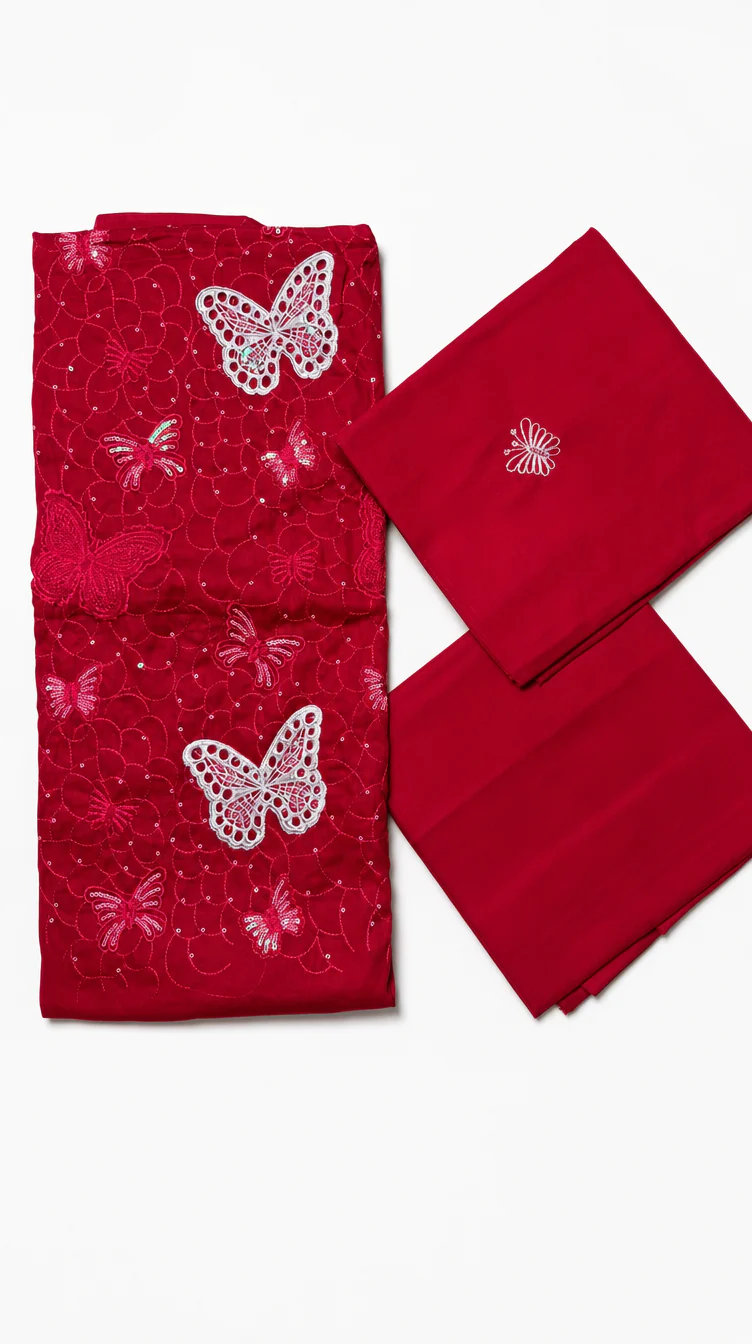 Glamorous Crimson Red Embroidered Lawn 2 Pcs Suit - Luxury Unstitched Summer Collection with White Cutwork Butterfly Patches for Women