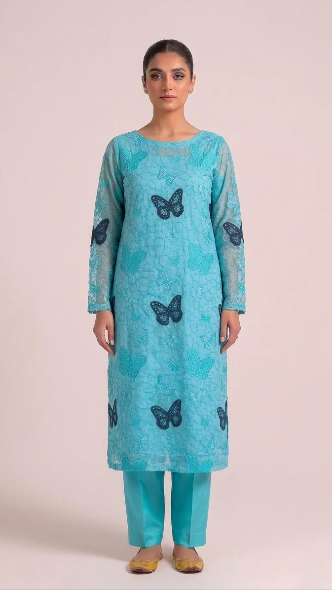 Charming Sky Blue Embroidered Lawn 2 Pcs Suit - Luxury Unstitched Summer Collection with Teal Blue Butterfly Patches for Women