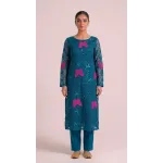 Gorgeous Peacock Blue Embroidered Lawn 2 Pcs Suit - Luxury Unstitched Summer Collection with Shocking Pink Butterfly Patches for Women