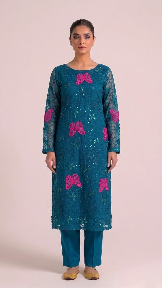 Gorgeous Peacock Blue Embroidered Lawn 2 Pcs Suit - Luxury Unstitched Summer Collection with Shocking Pink Butterfly Patches for Women