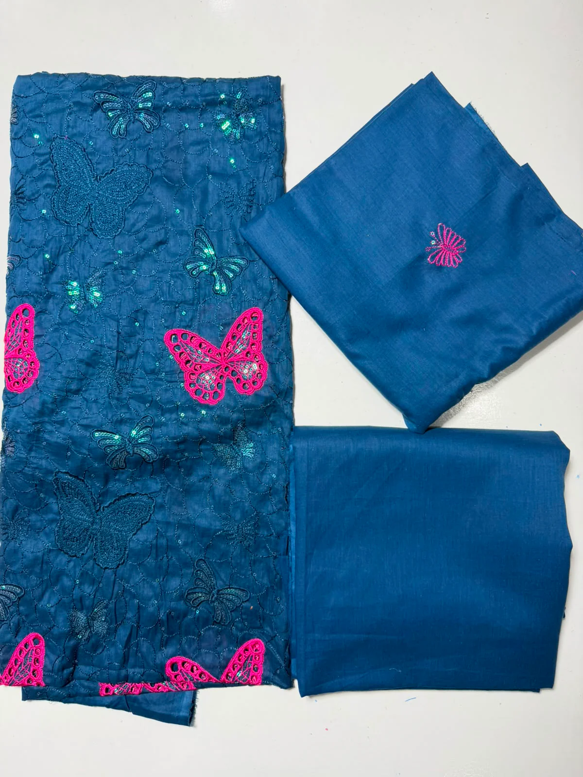 Gorgeous Peacock Blue Embroidered Lawn 2 Pcs Suit - Luxury Unstitched Summer Collection with Shocking Pink Butterfly Patches for Women