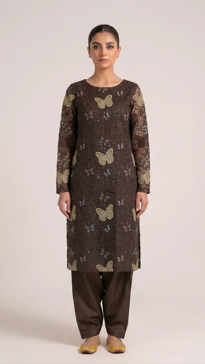 Luxury Coffee Brown Embroidered Lawn 2 Pcs Suit - Premium Summer Unstitched Dress with Olive Gold Butterfly Patches for Women