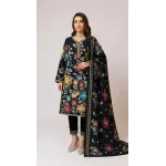 Premium Black Embroidered Lawn 3 Pcs Suit - Luxury Unstitched Summer Collection with Floral Dupatta and Trousers for Women