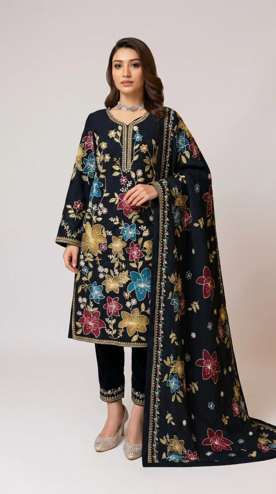 Premium Black Embroidered Lawn 3 Pcs Suit - Luxury Unstitched Summer Collection with Floral Dupatta and Trousers for Women