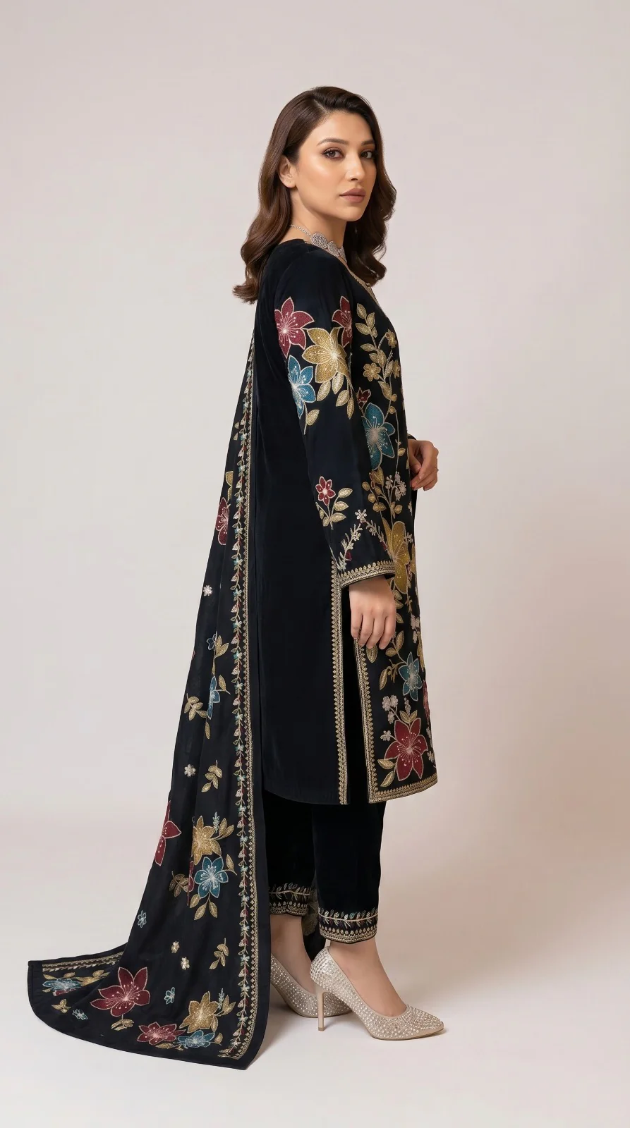 Premium Black Embroidered Lawn 3 Pcs Suit - Luxury Unstitched Summer Collection with Floral Dupatta and Trousers for Women