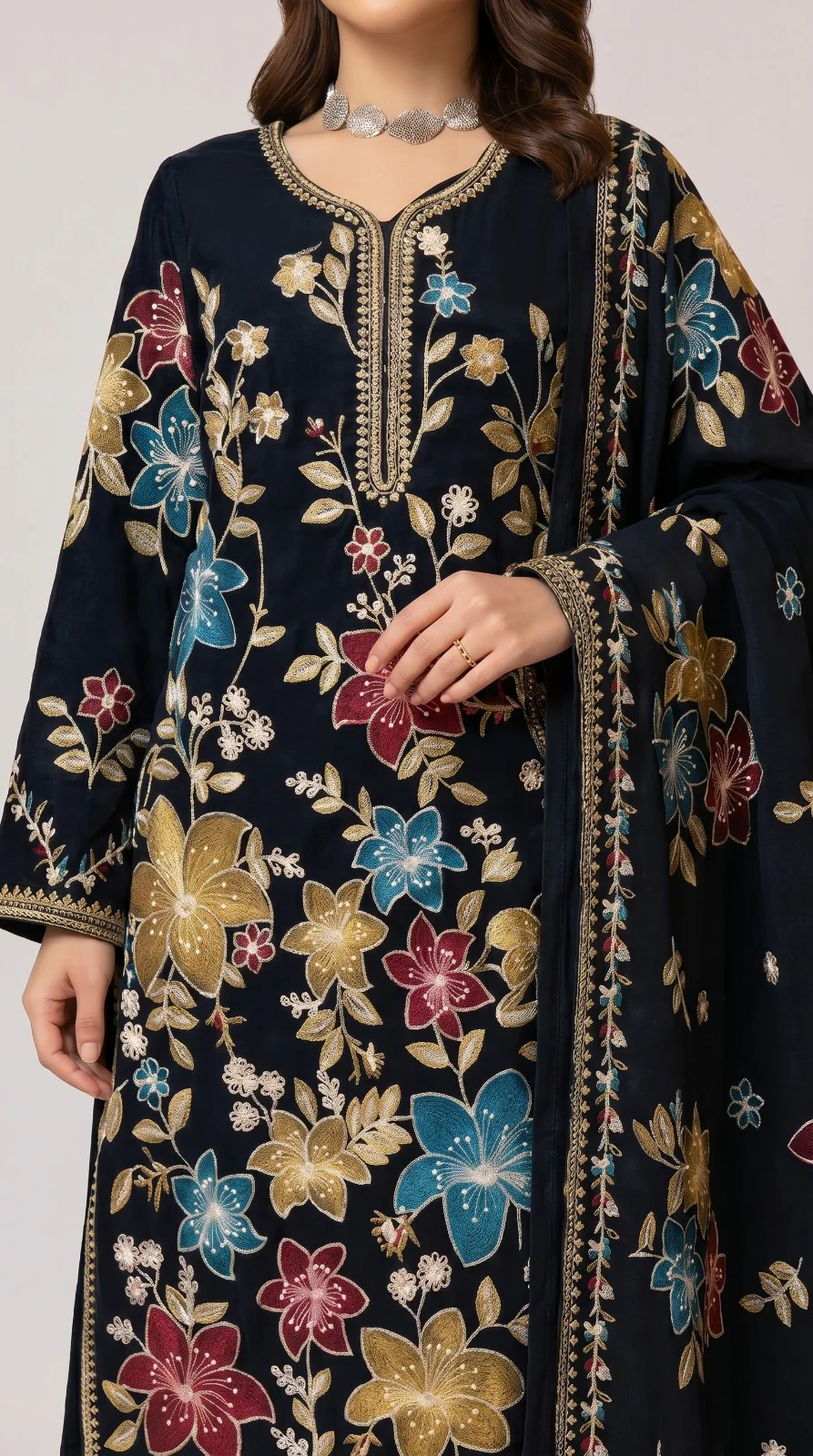 Premium Black Embroidered Lawn 3 Pcs Suit - Luxury Unstitched Summer Collection with Floral Dupatta and Trousers for Women