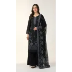 Elegant Black Embroidered Lawn 3 Pcs Suit - Luxury Unstitched Summer Dress with Steel Blue Paisley Organza Dupatta for Women