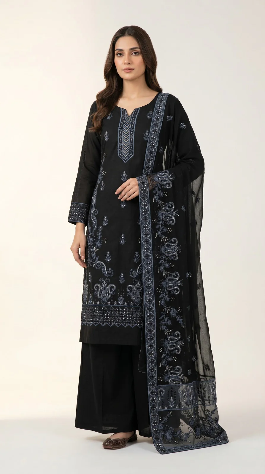 Elegant Black Embroidered Lawn 3 Pcs Suit - Luxury Unstitched Summer Dress with Steel Blue Paisley Organza Dupatta for Women