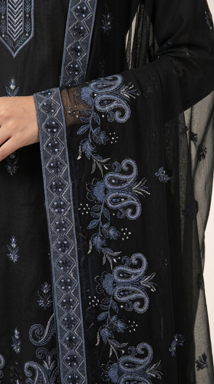 Elegant Black Embroidered Lawn 3 Pcs Suit - Luxury Unstitched Summer Dress with Steel Blue Paisley Organza Dupatta for Women
