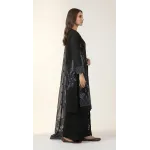 Elegant Black Embroidered Lawn 3 Pcs Suit - Luxury Unstitched Summer Dress with Steel Blue Paisley Organza Dupatta for Women