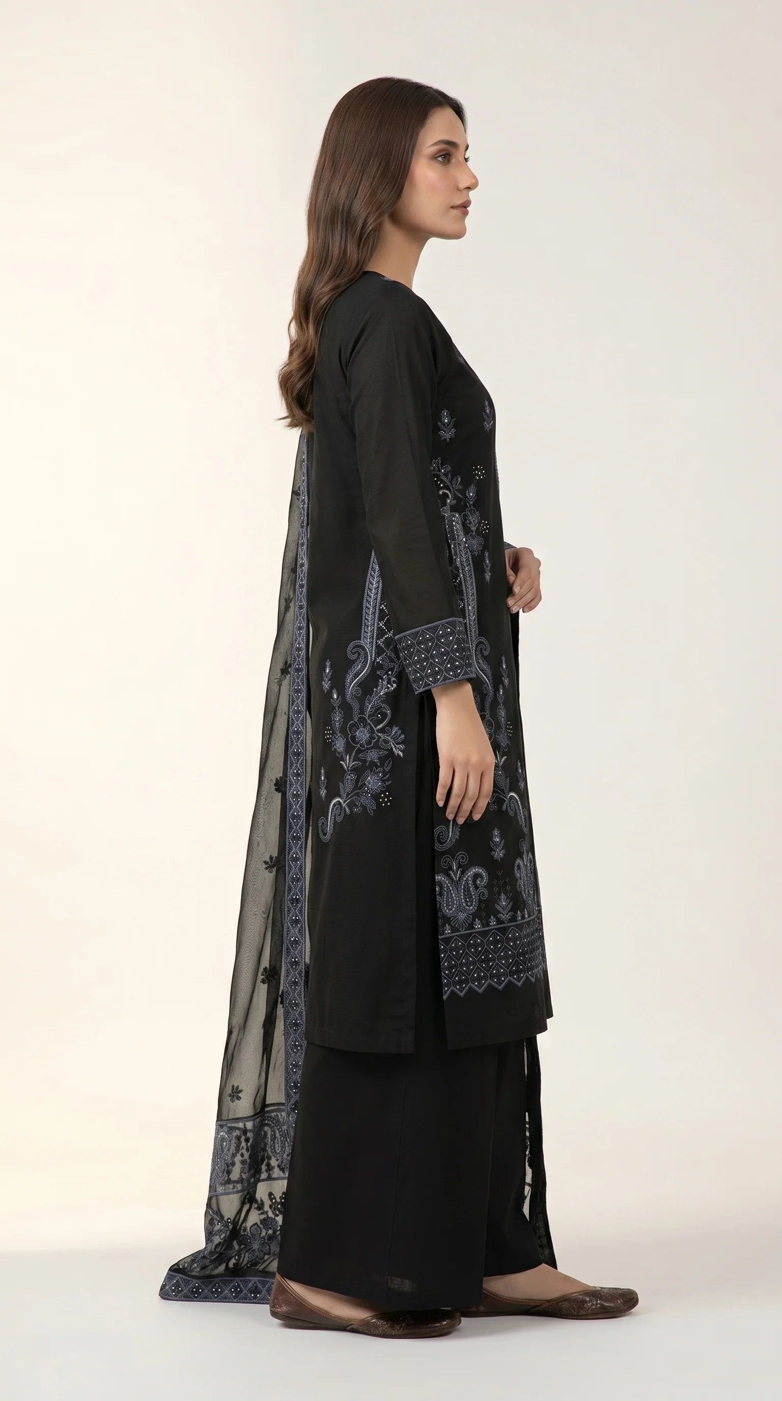 Elegant Black Embroidered Lawn 3 Pcs Suit - Luxury Unstitched Summer Dress with Steel Blue Paisley Organza Dupatta for Women