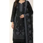 Elegant Black Embroidered Lawn 3 Pcs Suit - Luxury Unstitched Summer Dress with Steel Blue Paisley Organza Dupatta for Women