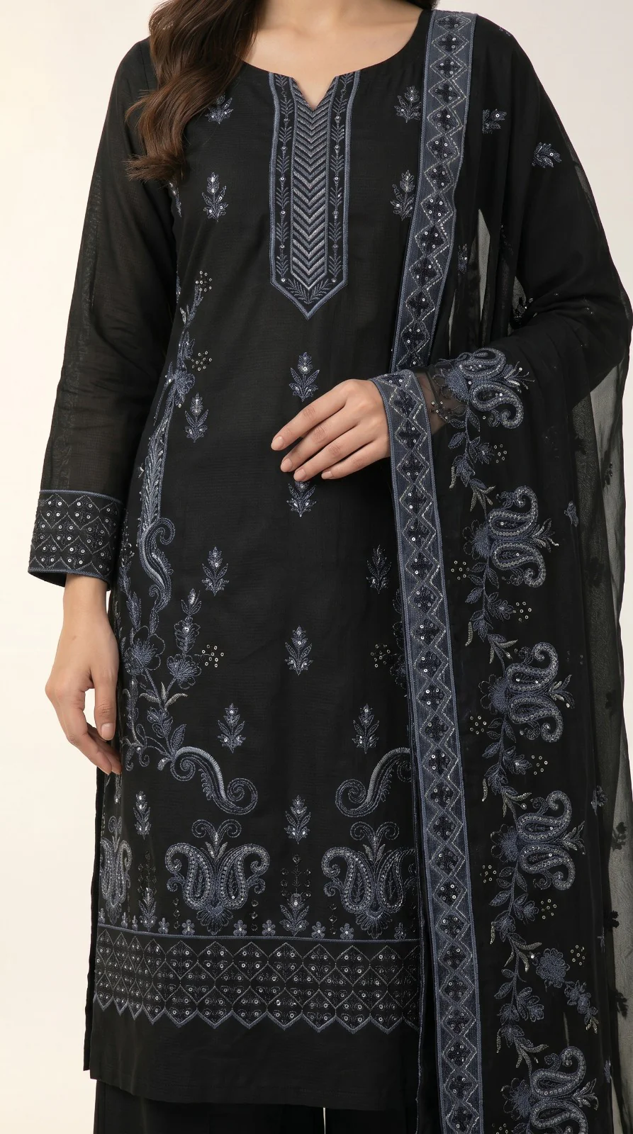 Elegant Black Embroidered Lawn 3 Pcs Suit - Luxury Unstitched Summer Dress with Steel Blue Paisley Organza Dupatta for Women