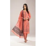 Charming Peach Salmon Embroidered Lawn 3 Pcs Suit - Luxury Unstitched Summer Collection with Contrast Net Dupatta for Women