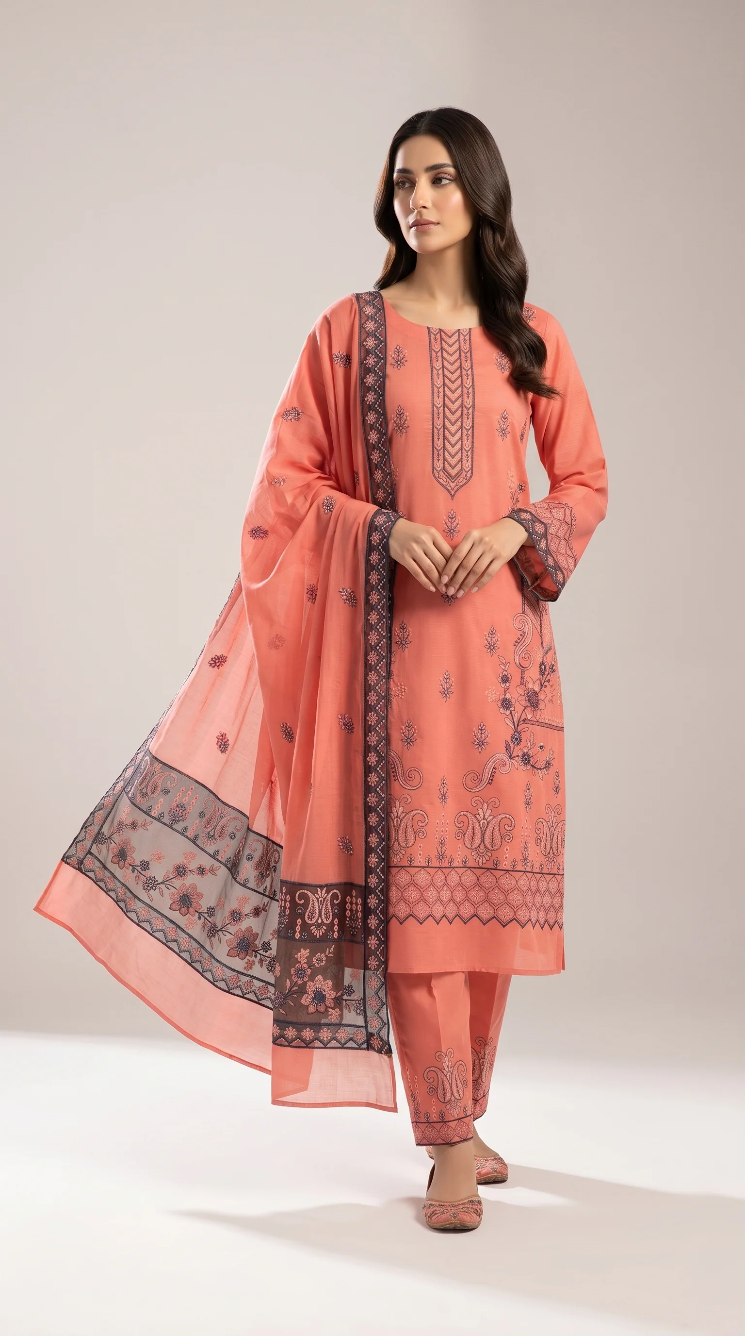 Charming Peach Salmon Embroidered Lawn 3 Pcs Suit - Luxury Unstitched Summer Collection with Contrast Net Dupatta for Women